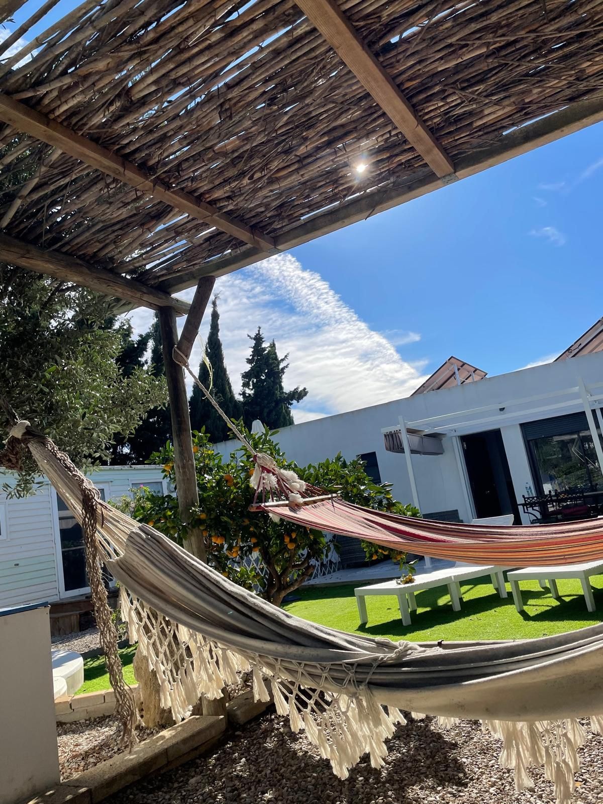 Hamacas bajo pérgola en el jardín compartido